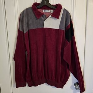 Vintage 80s Haband Men’s 3XL Burgundy Velour Long Sleeve Polo Shirt Pullover